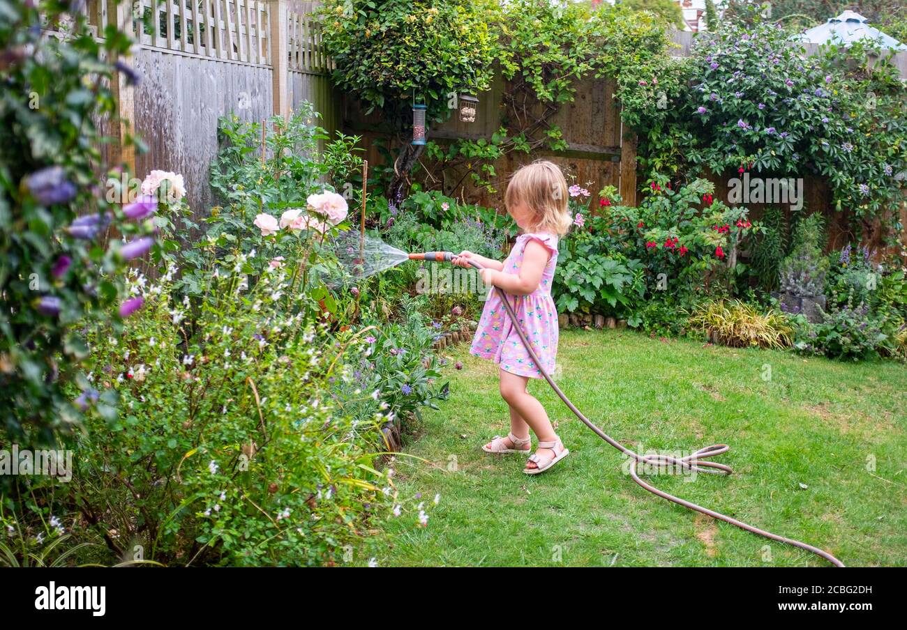 Young 3 year old girl watering a small city garden with a hose UK Stock Photo