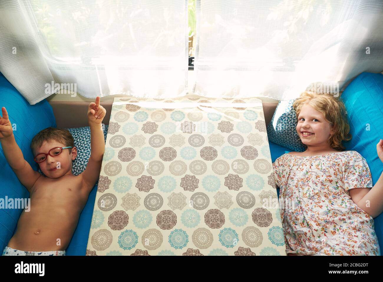 Children on vacation in their caravan. Summer Vacation Stock Photo Alamy