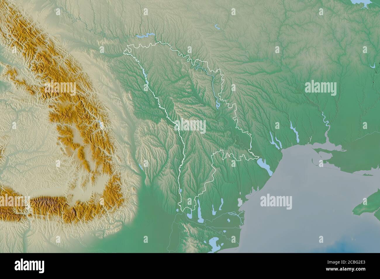 Extended area of outlined Moldova. Topographic relief map. 3D rendering