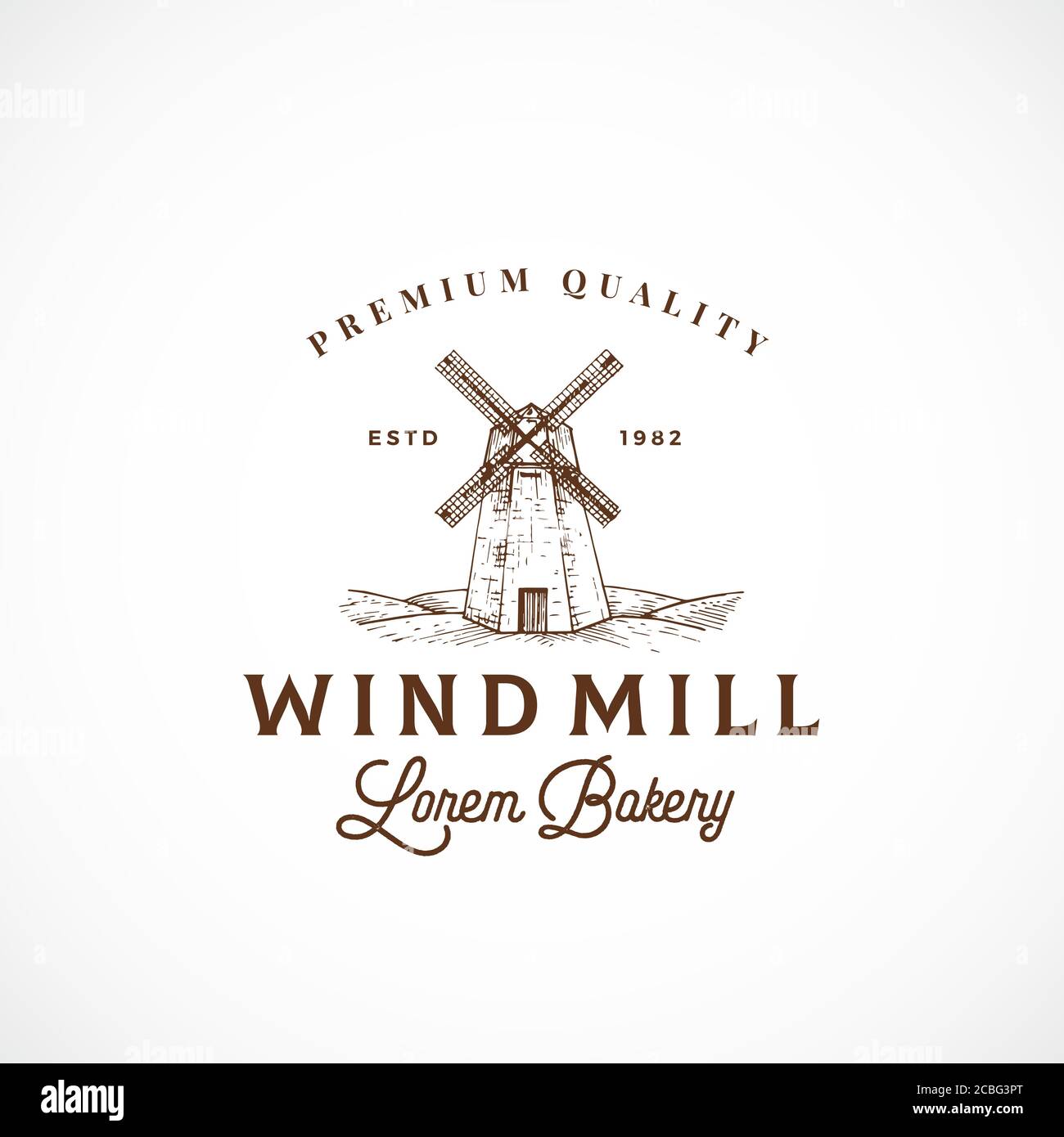 Wind Mill Bakery Abstract Vector Sign, Symbol or Logo Template. Sketch Landscape with Windmill Drawing and Retro Typography. Vintage Luxury Emblem. Stock Vector