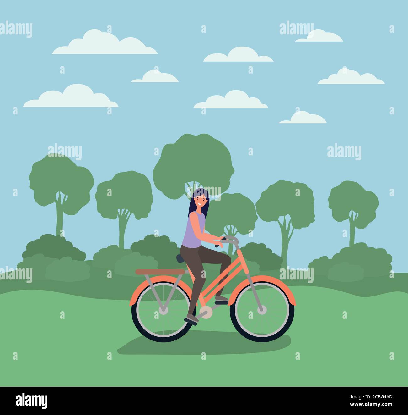 woman cartoon riding bike at park design, Nature outdoor and season