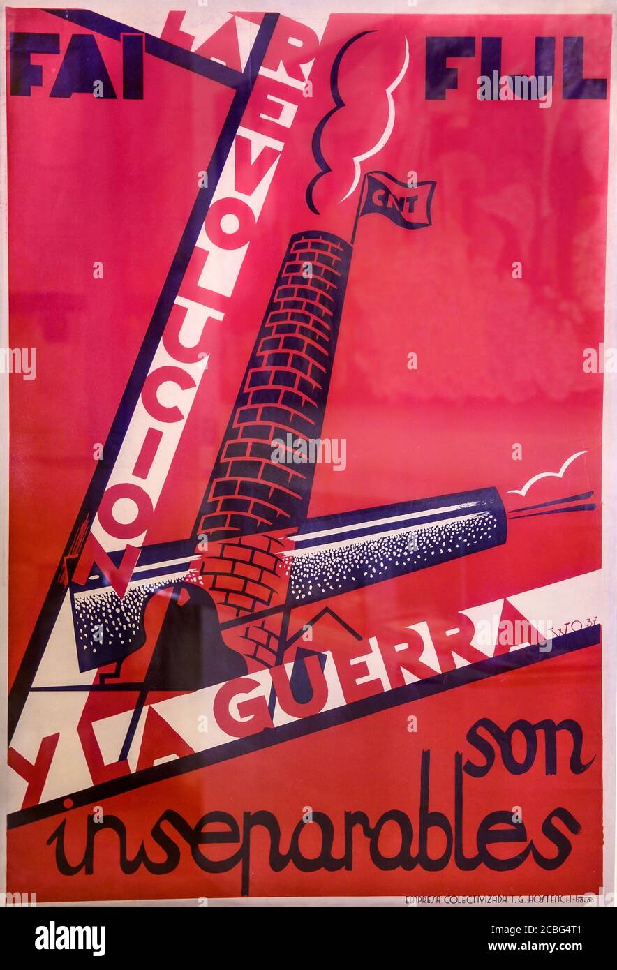Spanish civil war poster from the 1930's produced by the FAI, CNT, the Spanish anarchist party. "Revolution and war are inseparable" Stock Photo