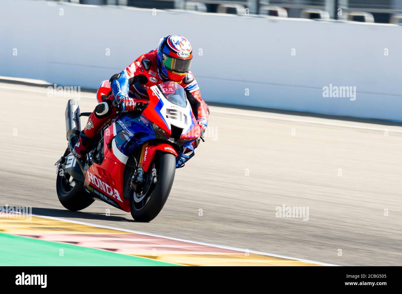 Aragon, Alcaniz, Spain. 13th August 2020; Ciudad del Motor de Aragon,  Alcaniz, Spain; World Superbike, Aragon World Super Bike Test; Leon Haslam  of the Team HRC rides the Honda CBR1000RR R Credit: