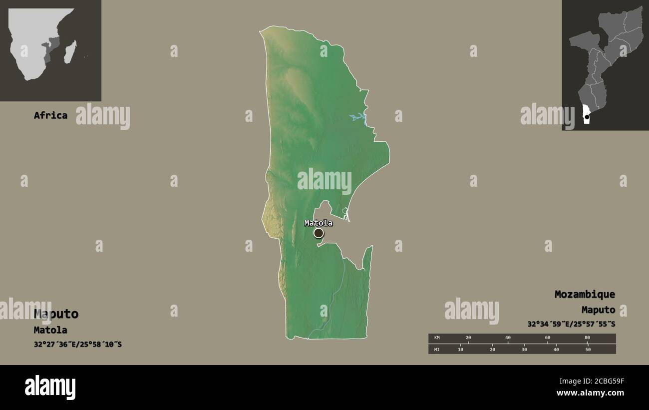 Shape of Maputo, province of Mozambique, and its capital. Distance ...