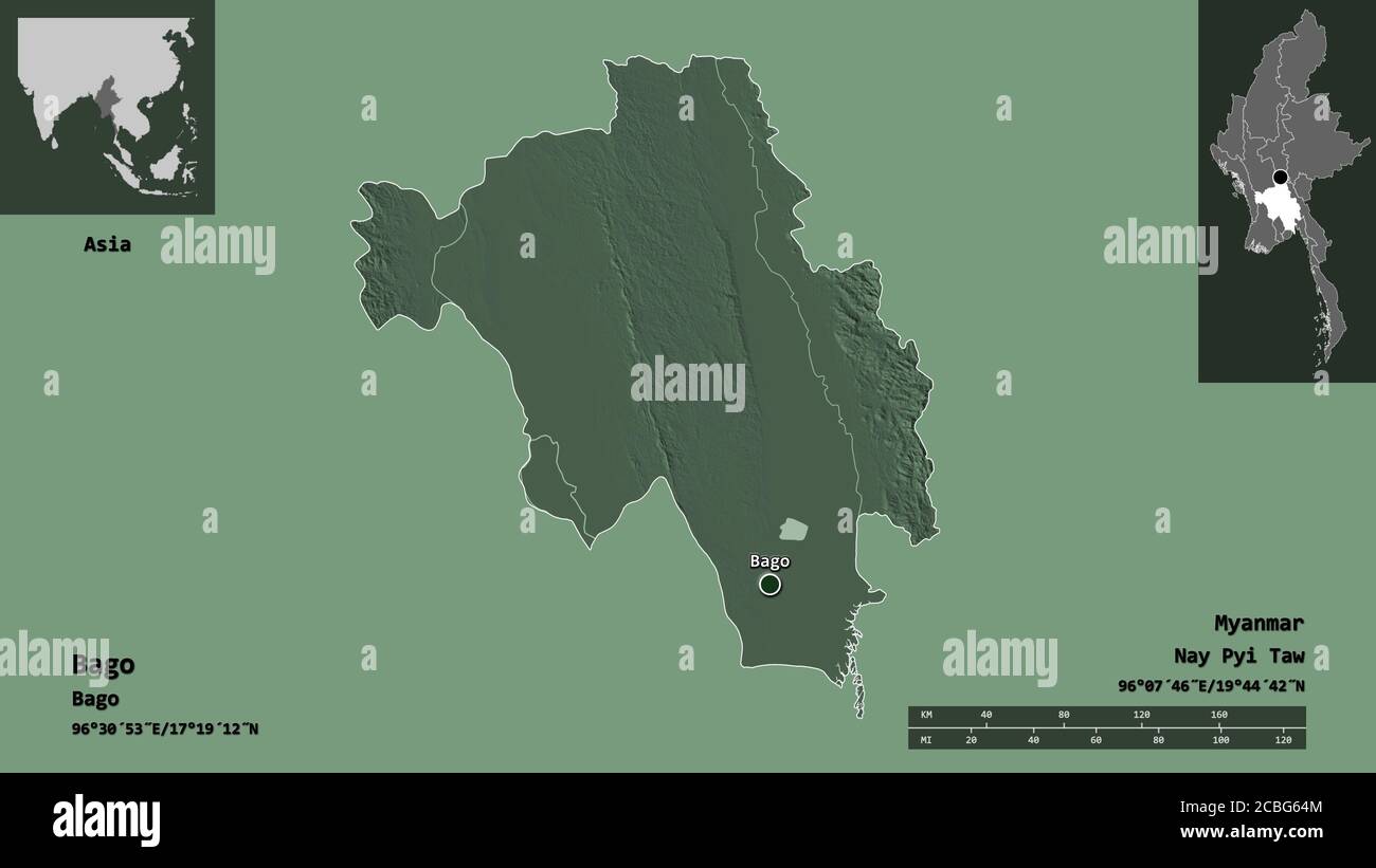 Shape of Bago, division of Myanmar, and its capital. Distance scale