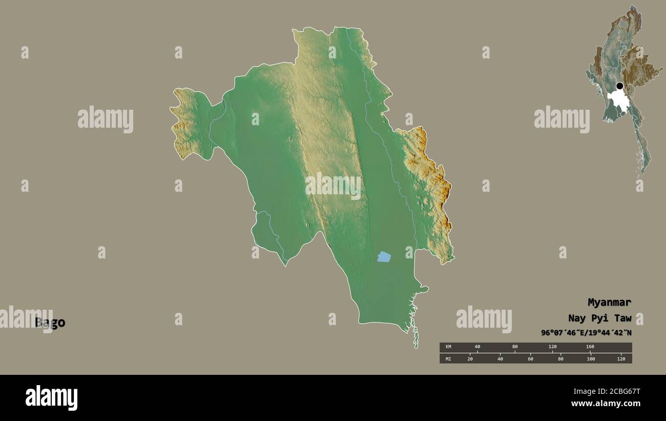 Shape of Bago, division of Myanmar, with its capital isolated on solid