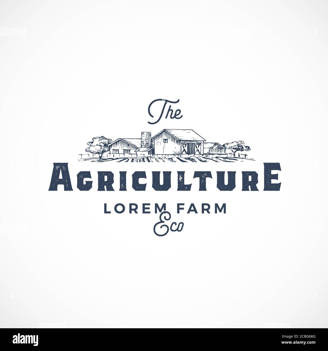Agriculture Farm Abstract Vector Sign, Symbol or Logo Template. Farm Landscape Drawing Sketch with Retro Typography. Rural Fields and Buildings Stock Vector