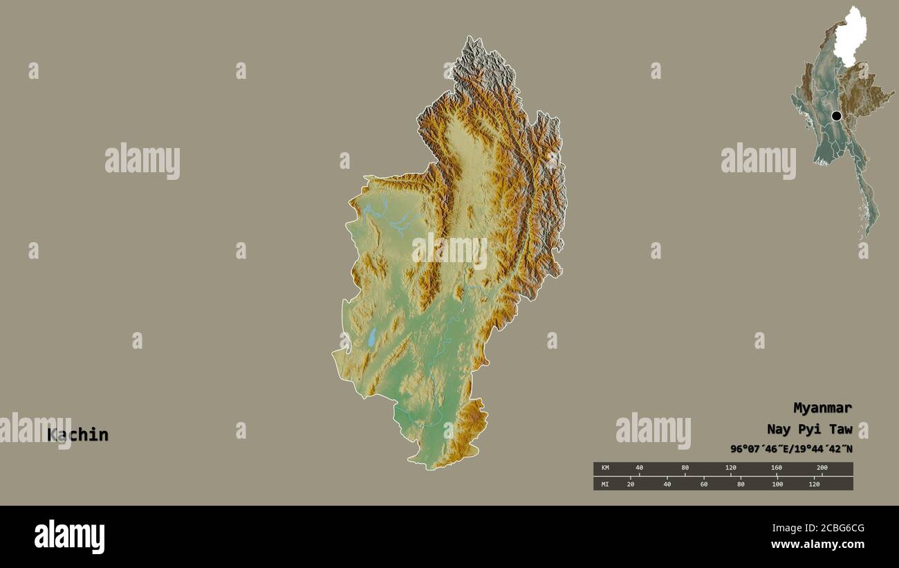 Shape of Kachin, state of Myanmar, with its capital isolated on solid background. Distance scale