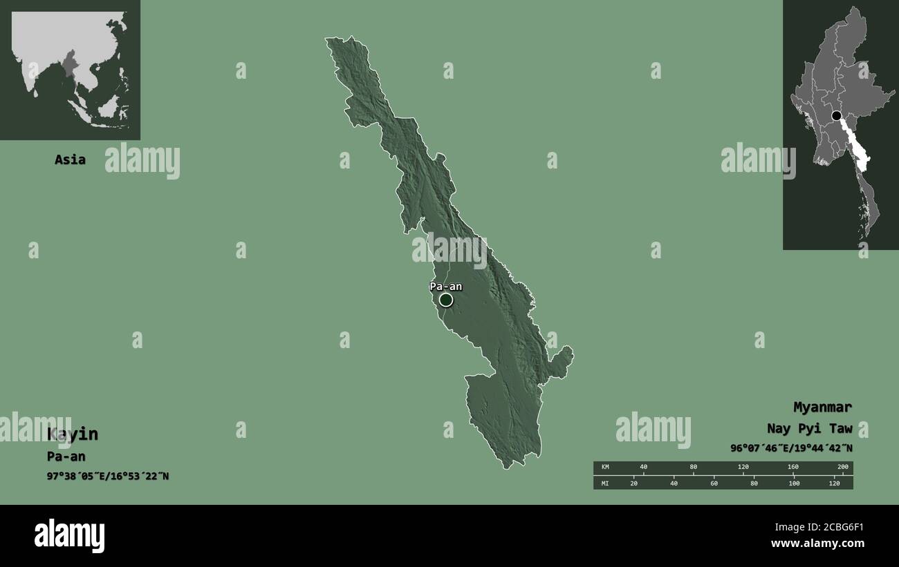 I 80 Elevation Map Shape Of Kayin, State Of Myanmar, And Its Capital. Distance Scale, Previews  And Labels. Colored Elevation Map. 3D Rendering Stock Photo - Alamy
