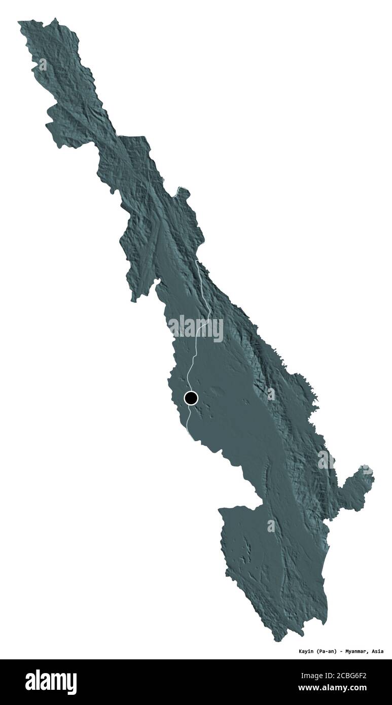 Shape of Kayin, state of Myanmar, with its capital isolated on white background. Colored elevation map. 3D rendering Stock Photo