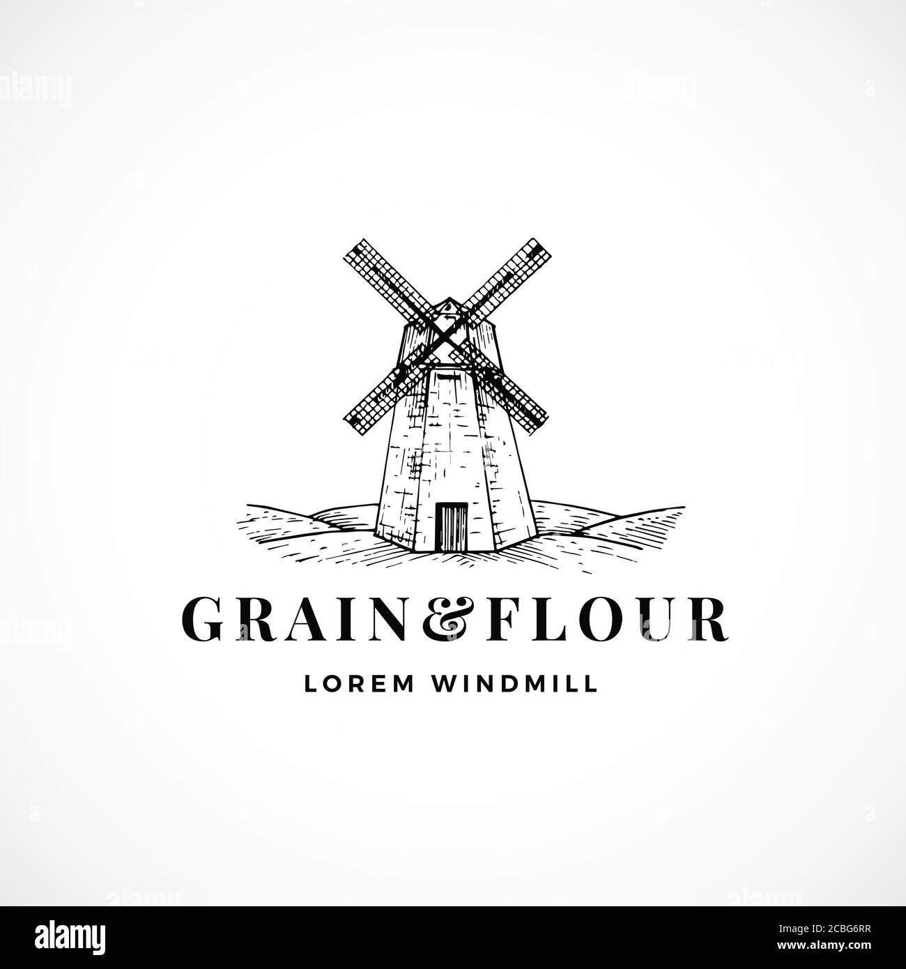 Grain and Flour Abstract Vector Sign, Symbol or Logo Template. Hand Drawn Windmill Sketch Illustration and Retro Typography. Vintage Luxury Emblem. Stock Vector