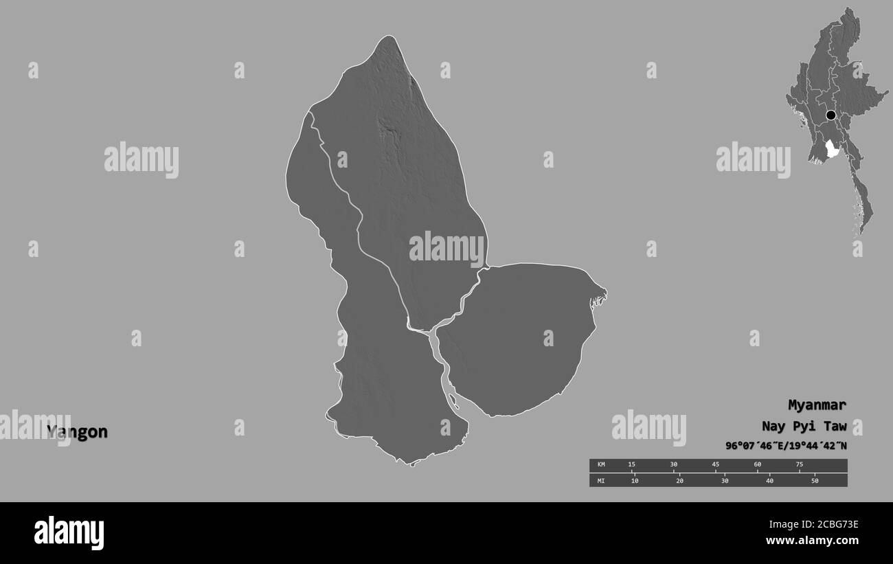 Shape of Yangon, division of Myanmar, with its capital isolated on