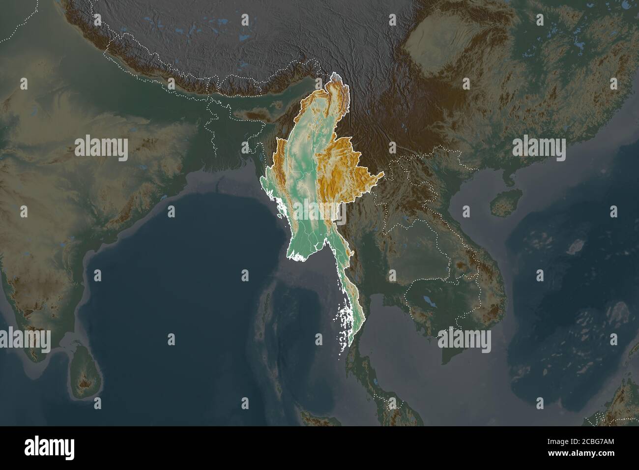 Shape of Myanmar separated by the desaturation of neighboring areas