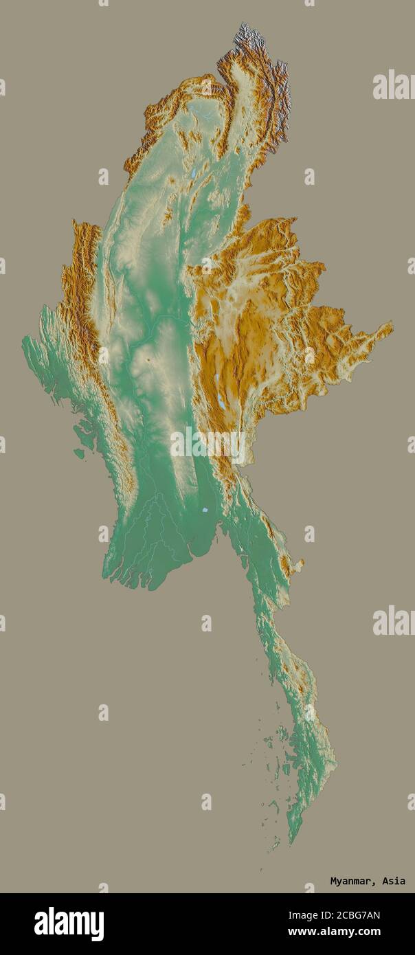 Shape of Myanmar with its capital isolated on a solid color background