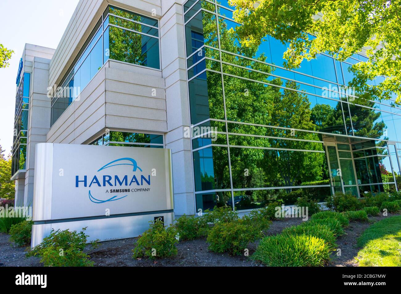 Harman sign and logo on a corporate campus in Silicon Valley. Harman