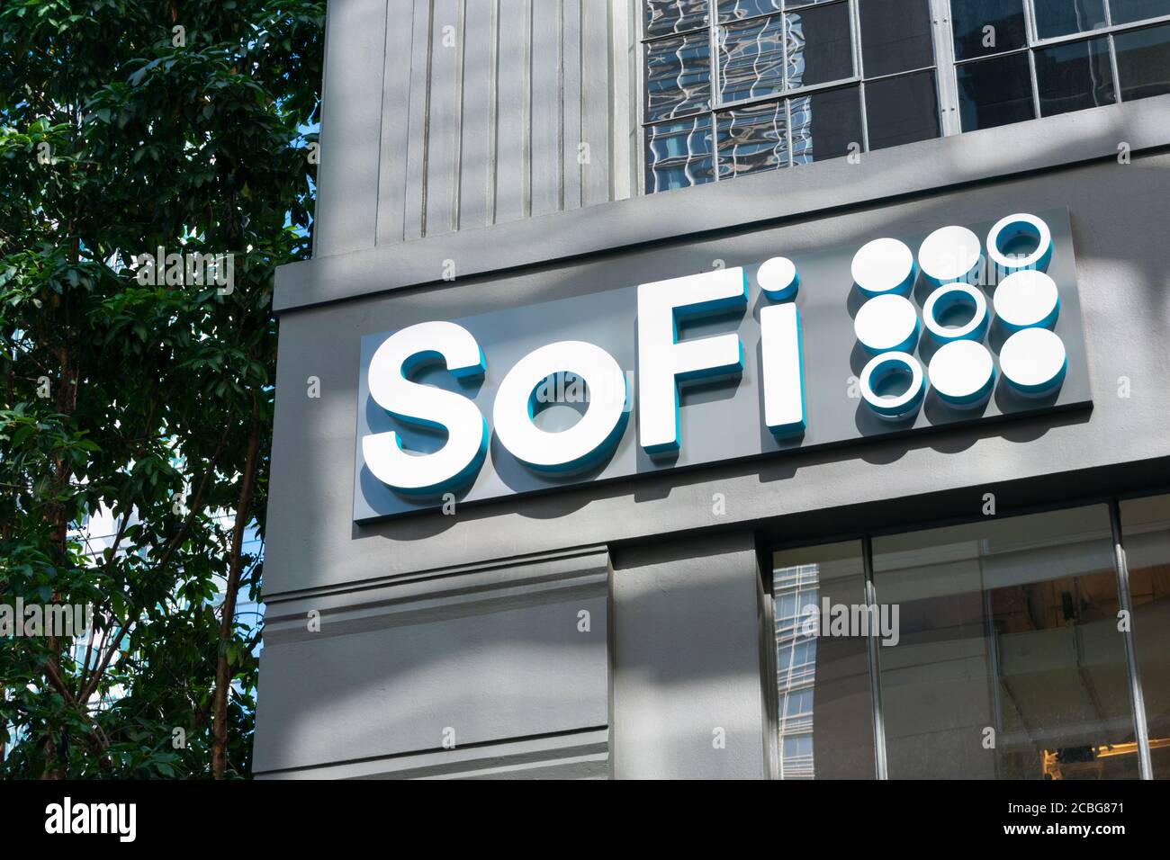 SoFi logo on headquarters facade. Social Finance is an online personal