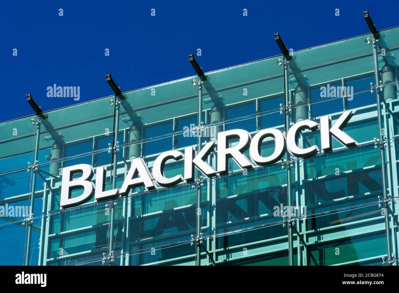 BlackRock sign and logo on glass facade of financial investment
