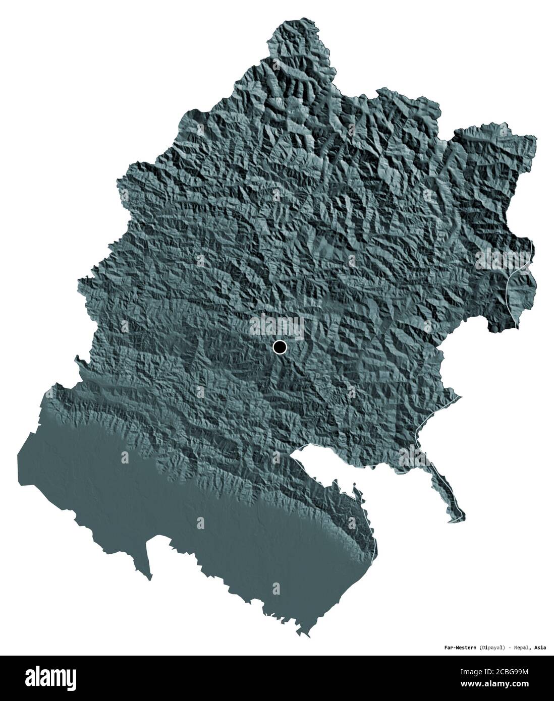 Shape of Far-Western, development region of Nepal, with its capital isolated on white background. Colored elevation map. 3D rendering Stock Photo