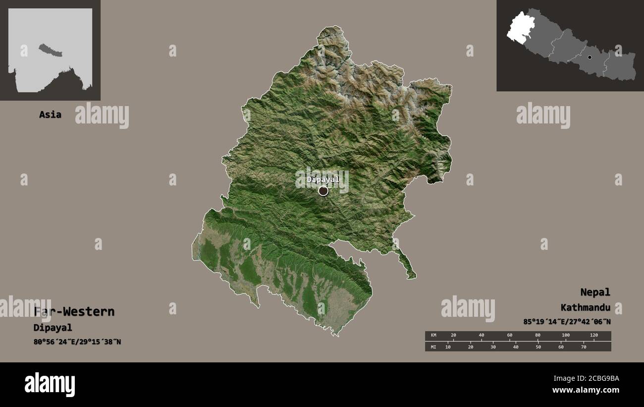 Far Western Nepal Map Shape Of Far-Western, Development Region Of Nepal, And Its Capital.  Distance Scale, Previews And Labels. Satellite Imagery. 3D Rendering Stock  Photo - Alamy