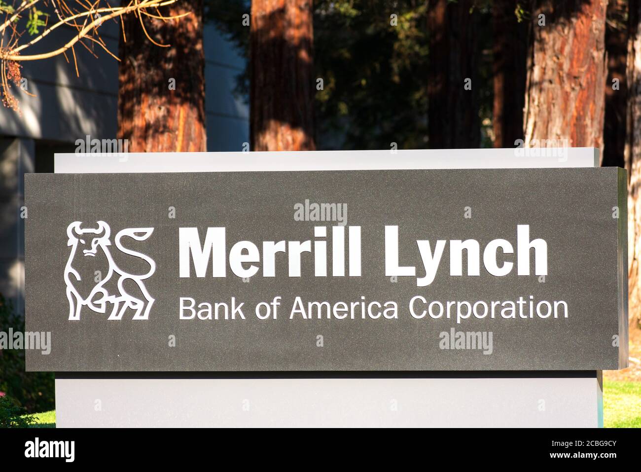 Merrill Lynch sign and logo. Merrill Lynch, Pierce, Fenner and Smith Incorporated is an investing and wealth management division of Bank of America - Stock Photo