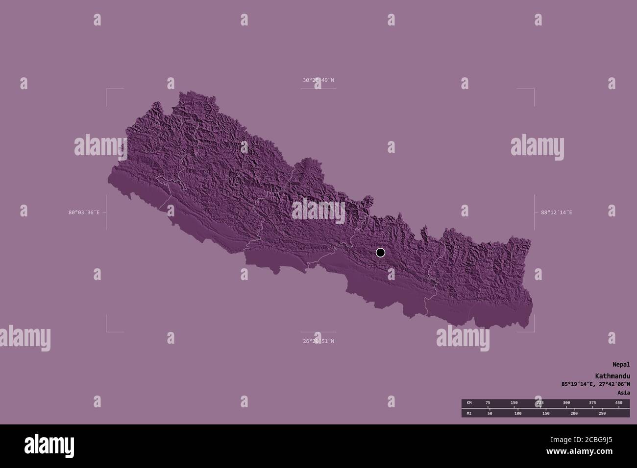 Area of Nepal isolated on a solid background in a georeferenced