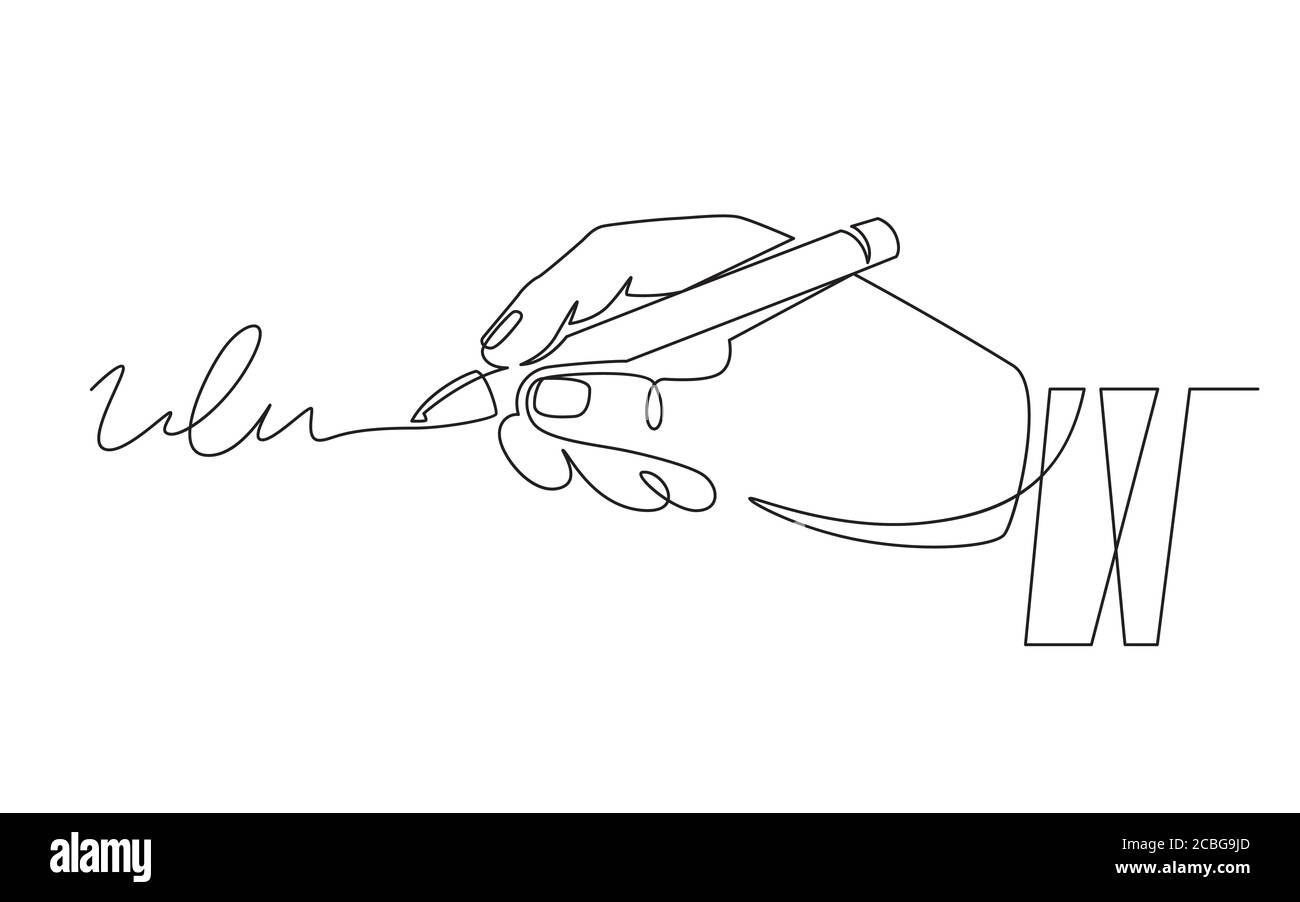 Signature and hand. Document signing, hand with pen signed contract. Person authentication, autograph, deal continuous line vector concept Stock Vector