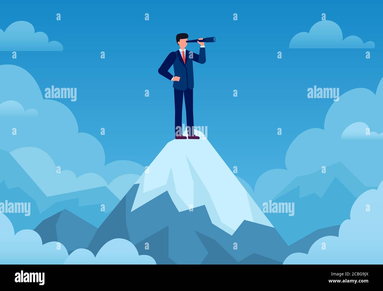 Business vision. Businessman on mountain peak with telescope looking new idea, business startup, visionary forecast, success vector concept Stock Vector