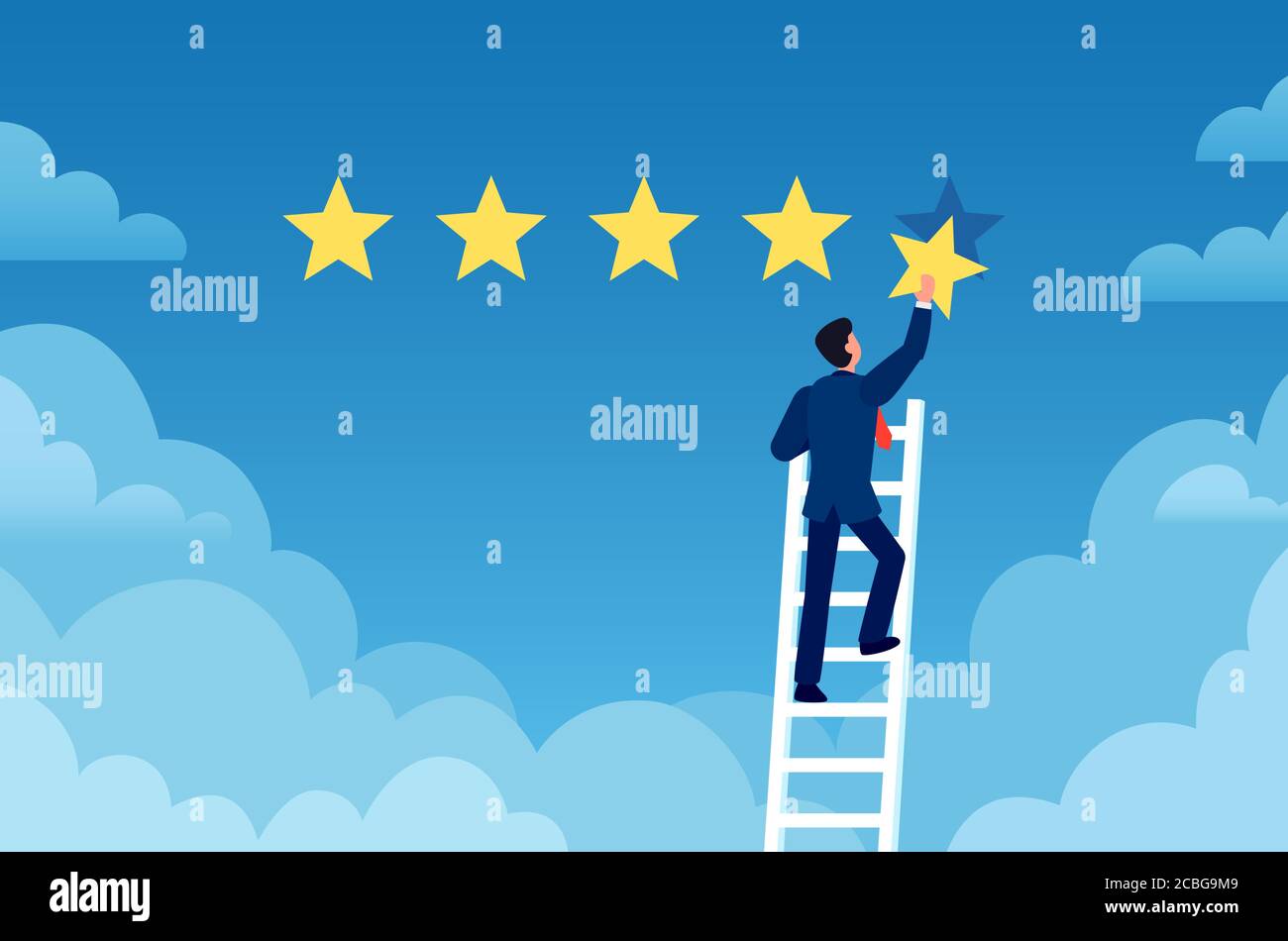 Customer rating. Businessman stands on ladder and gives 5 star, customer feedback. Positive review evaluation system vector concept Stock Vector