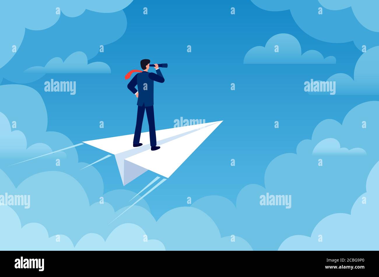 Business vision. Businessman on paper plane with telescope looking new idea. Future strategy, leader and success job, flat vector concept Stock Vector