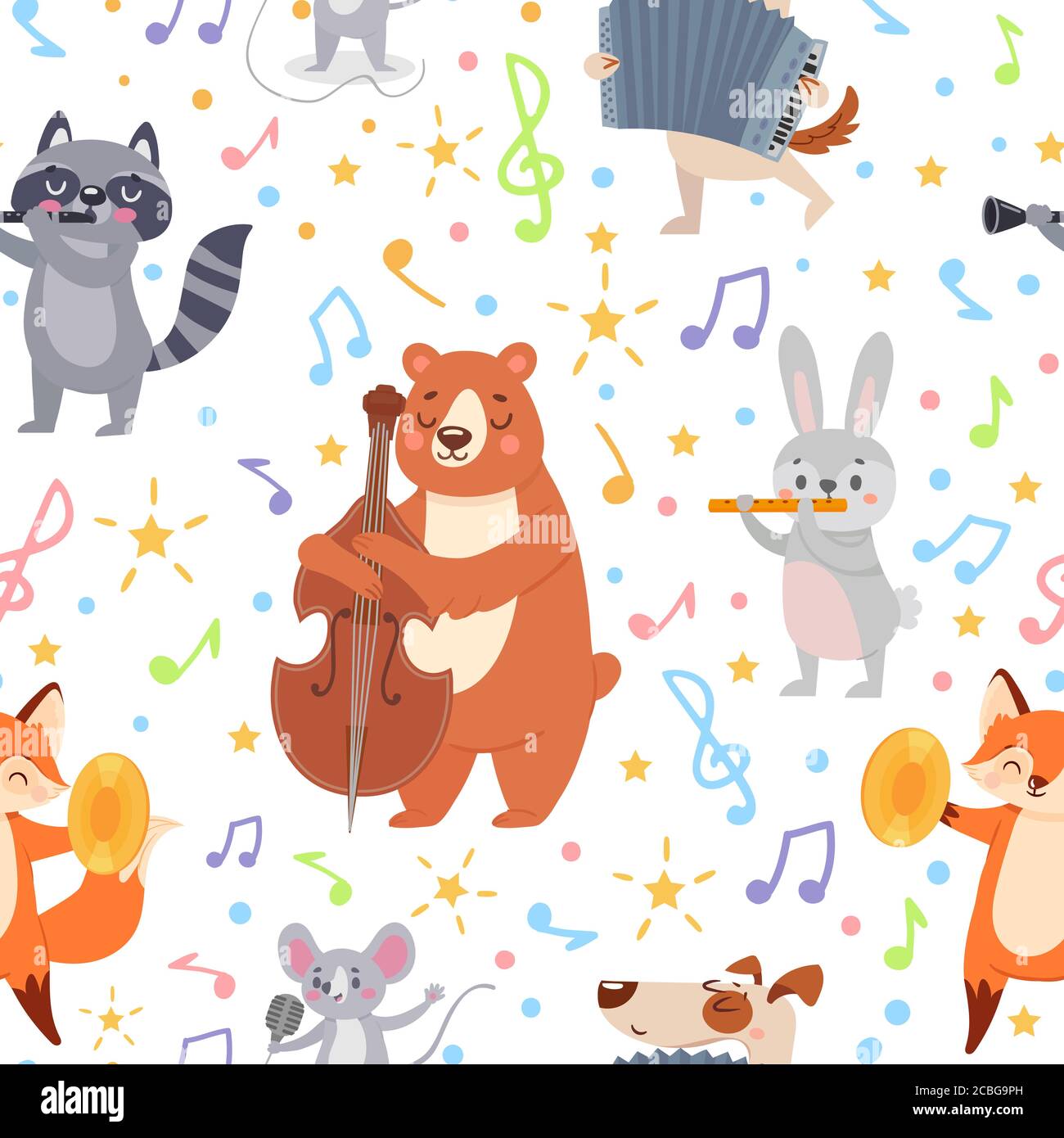 Animal musicians seamless pattern. Funny animals musicians play different musical instruments wallpaper, wrapping or textile vector texture Stock Vector