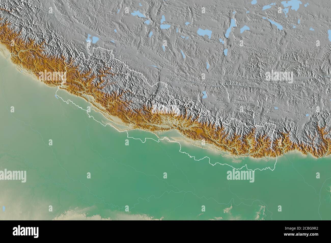 Extended area of outlined Nepal. Topographic relief map. 3D rendering ...