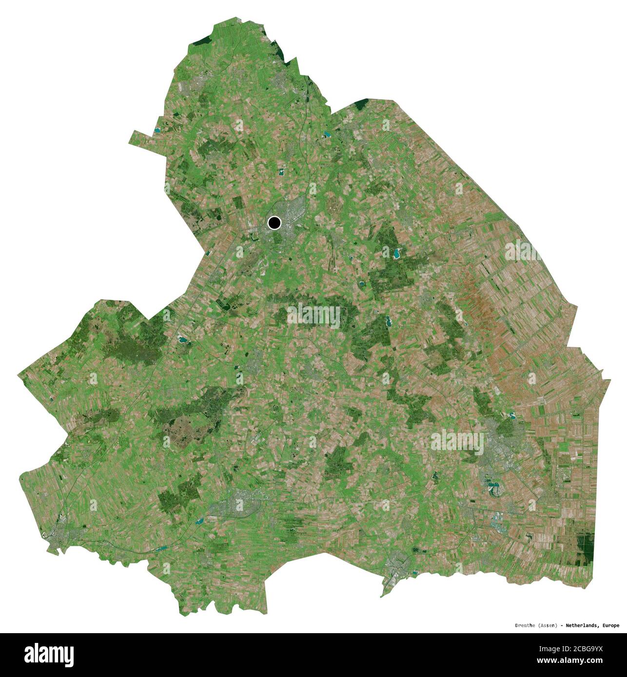 Shape of Drenthe, province of Netherlands, with its capital isolated on white background. Satellite imagery. 3D rendering Stock Photo