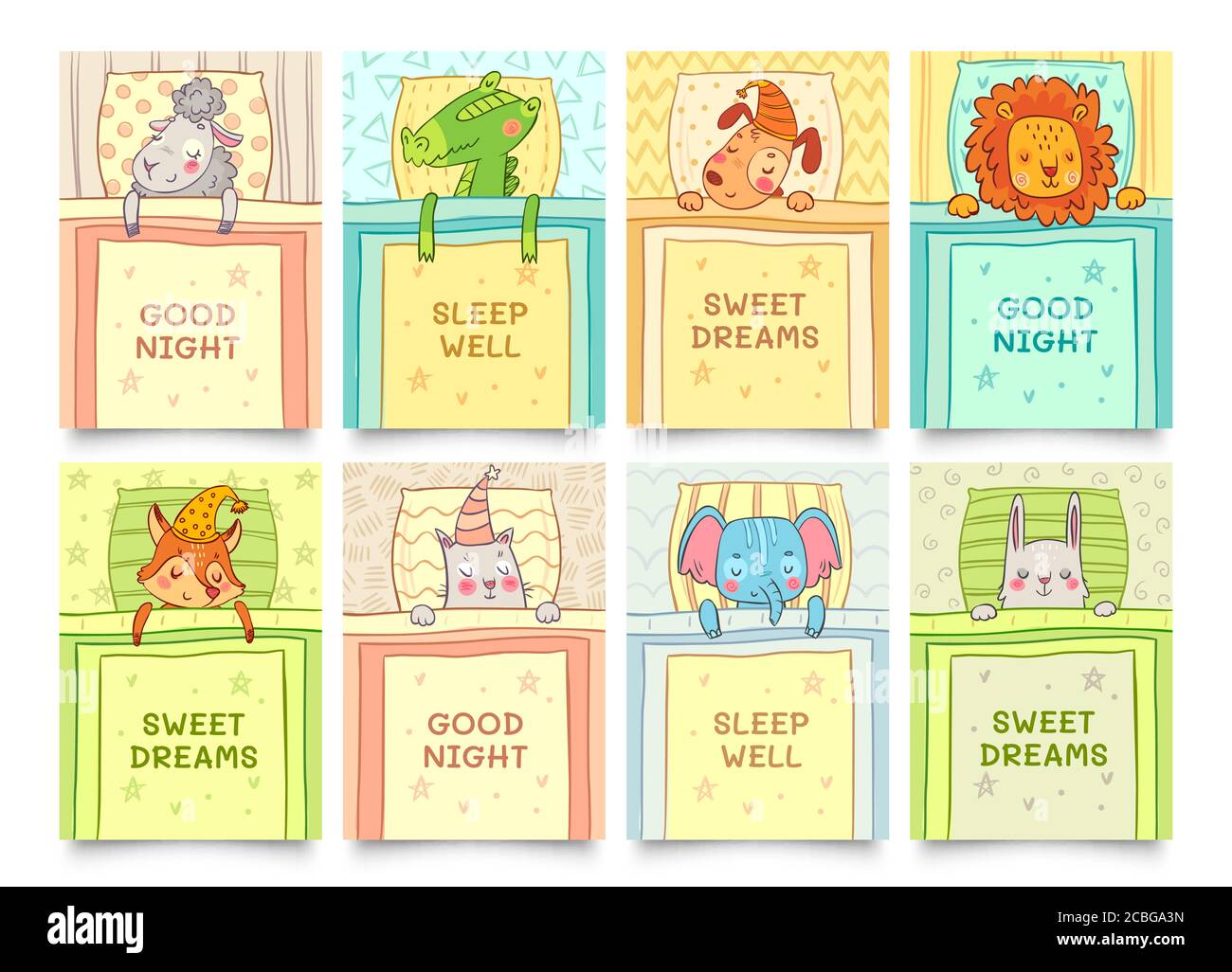 Sweet dreams card with sleeping animals set Stock Vector