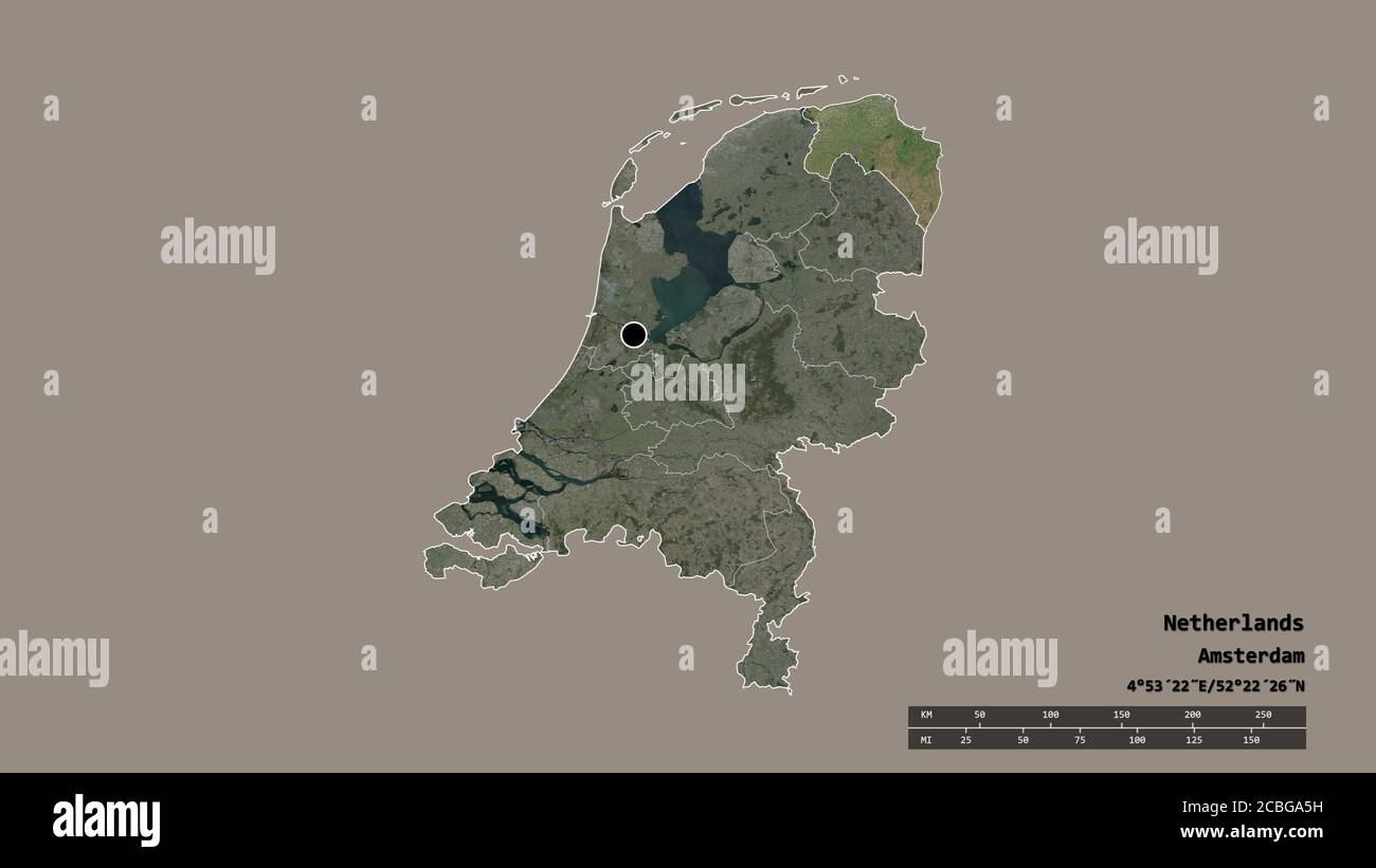 Desaturated shape of Netherlands with its capital, main regional ...