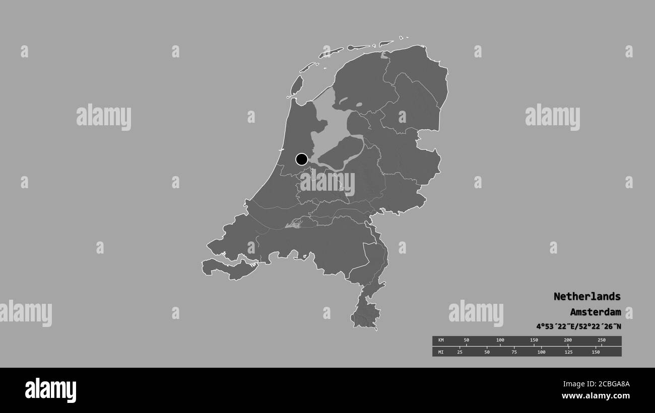 Desaturated shape of Netherlands with its capital, main regional division and the separated Limburg area. Labels. Bilevel elevation map. 3D rendering Stock Photo