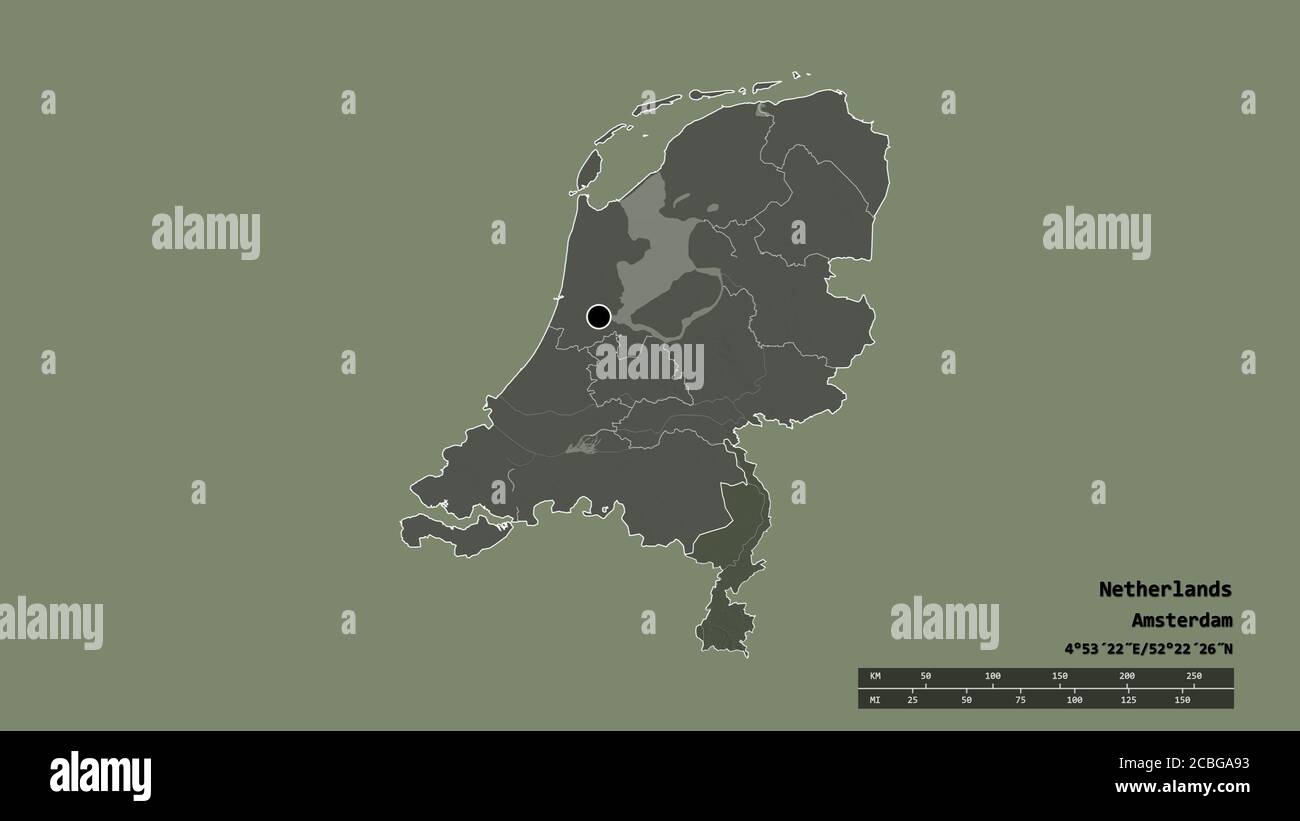 Desaturated shape of Netherlands with its capital, main regional division and the separated Limburg area. Labels. Colored elevation map. 3D rendering Stock Photo