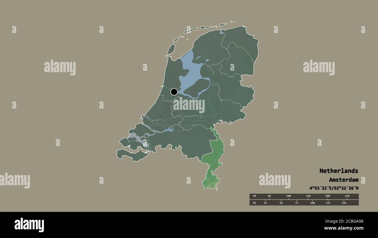 Desaturated shape of Netherlands with its capital, main regional division and the separated Limburg area. Labels. Topographic relief map. 3D rendering Stock Photo