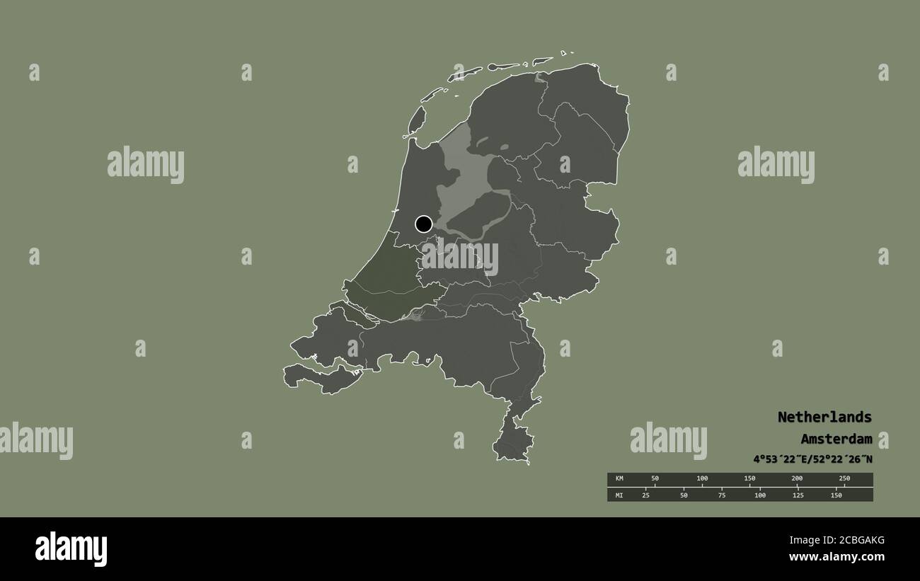 Desaturated shape of Netherlands with its capital, main regional