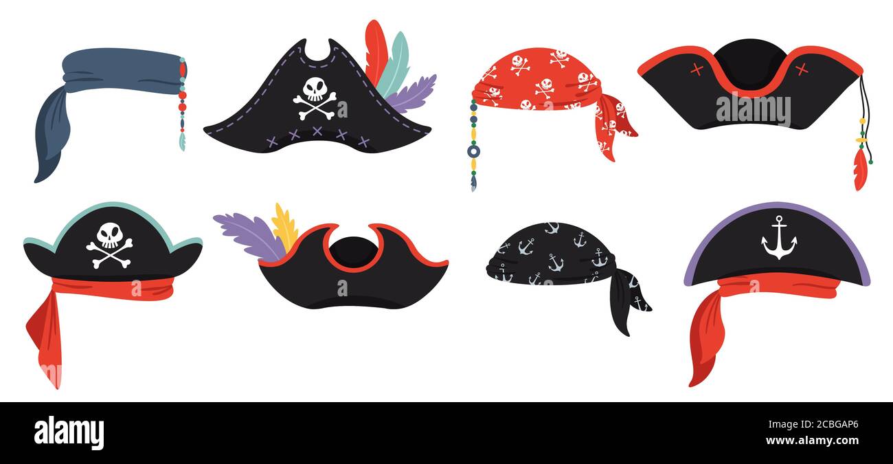 Pirates hats. Sea piracy cap fashion, buccaneer headgear Stock Vector