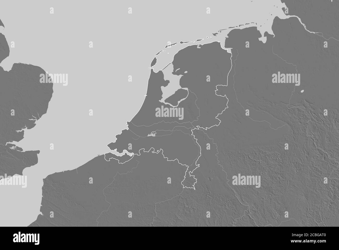 Extended area of outlined Netherlands. Bilevel elevation map. 3D ...