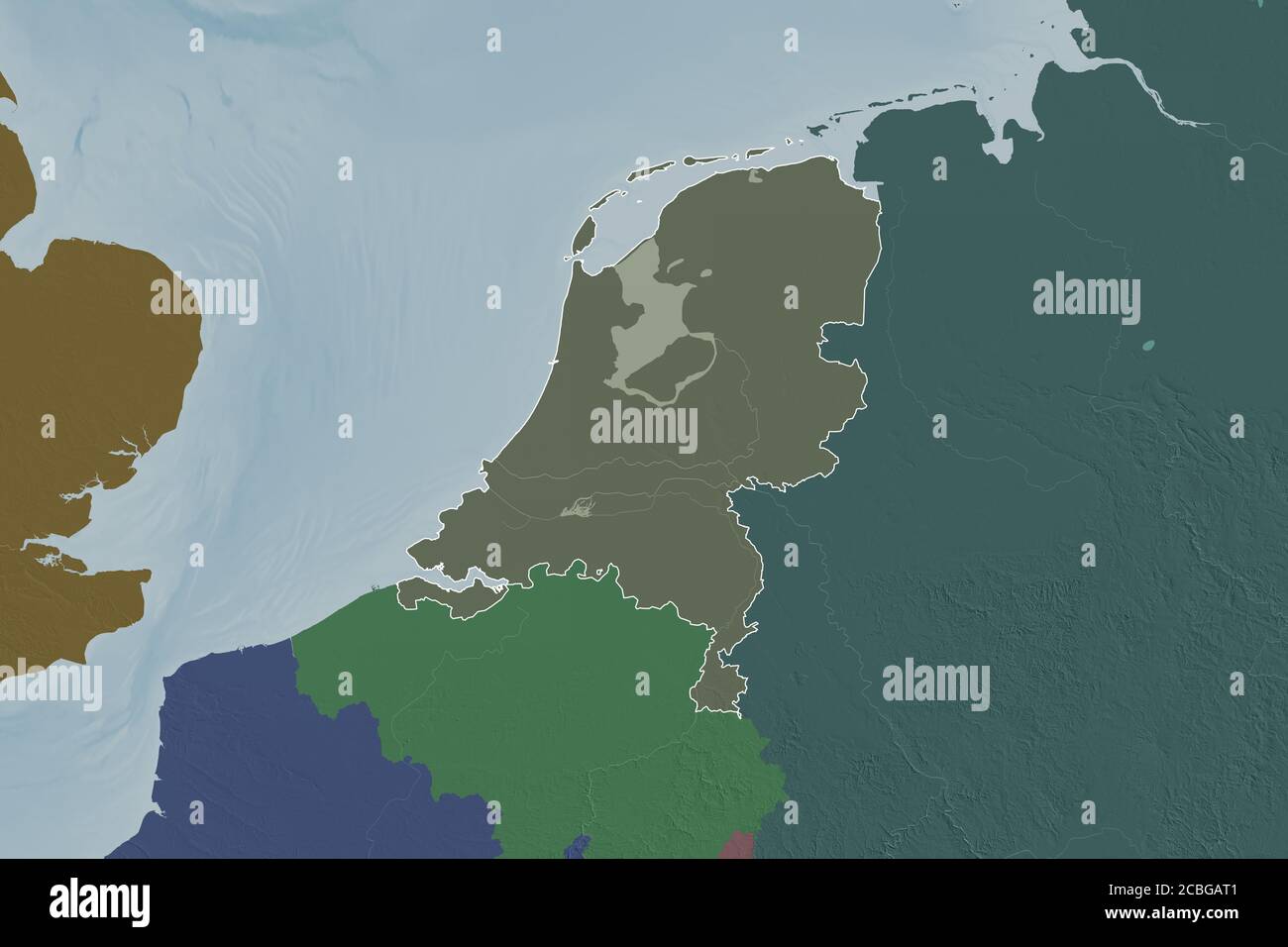 Extended area of outlined Netherlands. Colored elevation map. 3D ...
