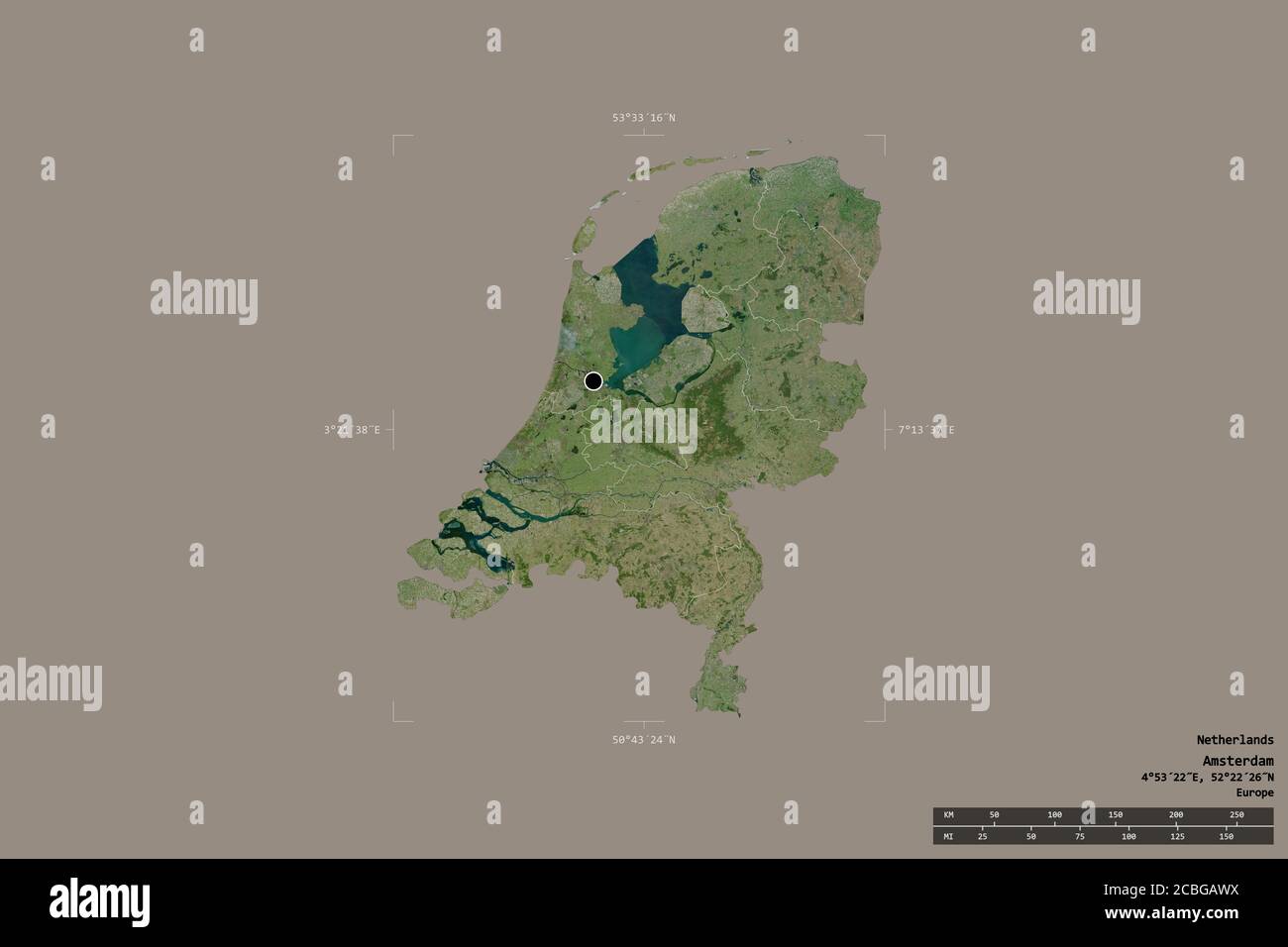 Area of Netherlands isolated on a solid background in a georeferenced ...