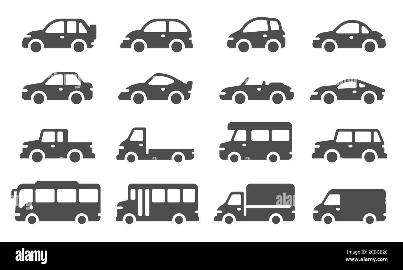 Car icons. Black vehicle silhouettes, automobiles for travel, auto models. Sedan, truck and suv, bus and other transport vector signs Stock Vector