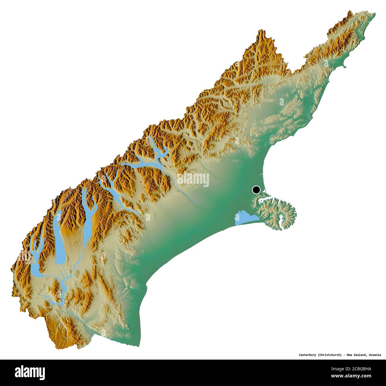 Shape of Canterbury, regional council of New Zealand, with its capital isolated on white background. Topographic relief map. 3D rendering Stock Photo