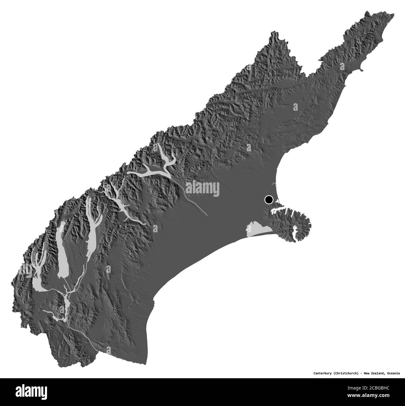 Shape of Canterbury, regional council of New Zealand, with its capital isolated on white background. Bilevel elevation map. 3D rendering Stock Photo