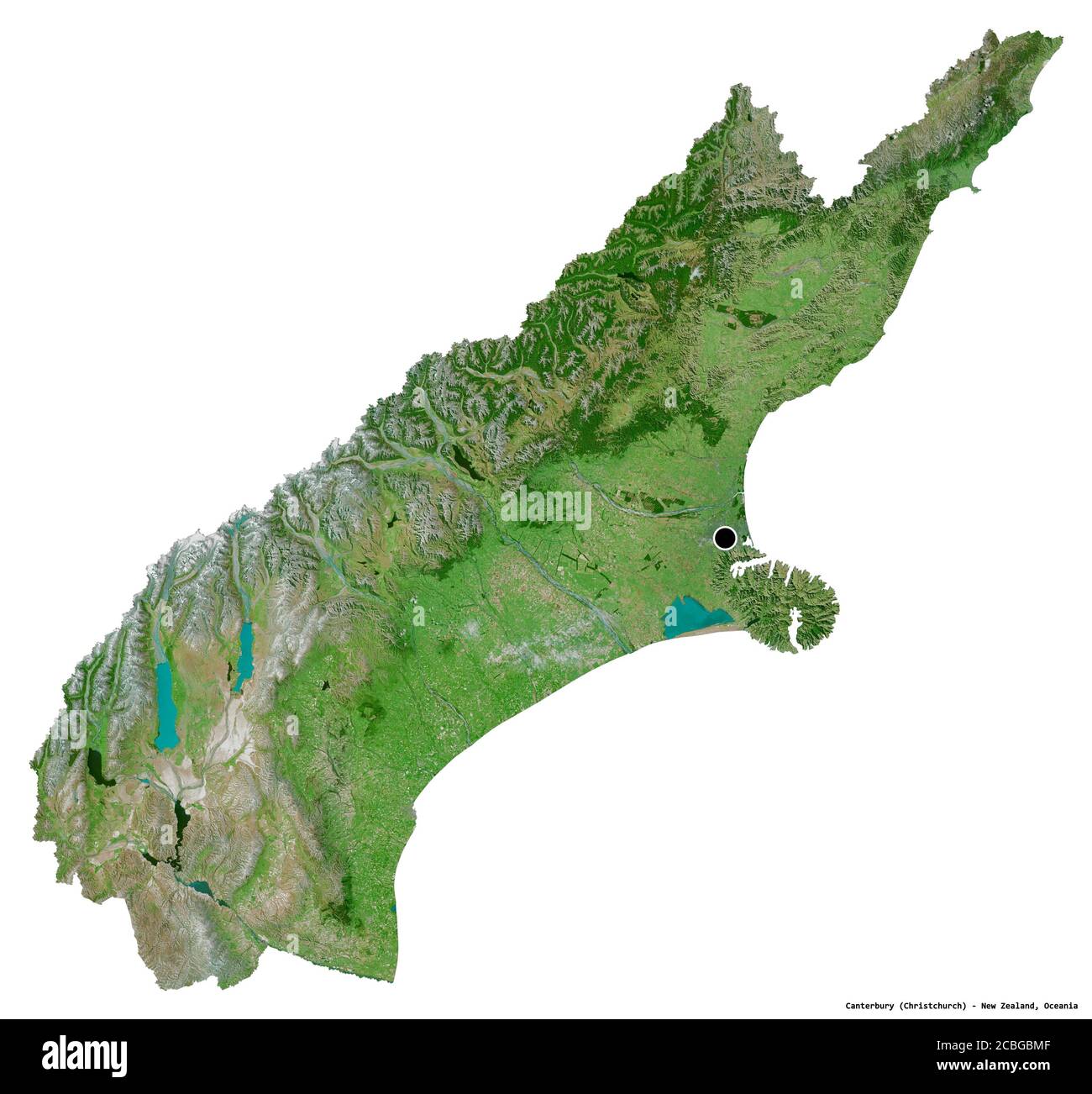 Shape of Canterbury, regional council of New Zealand, with its capital isolated on white background. Satellite imagery. 3D rendering Stock Photo