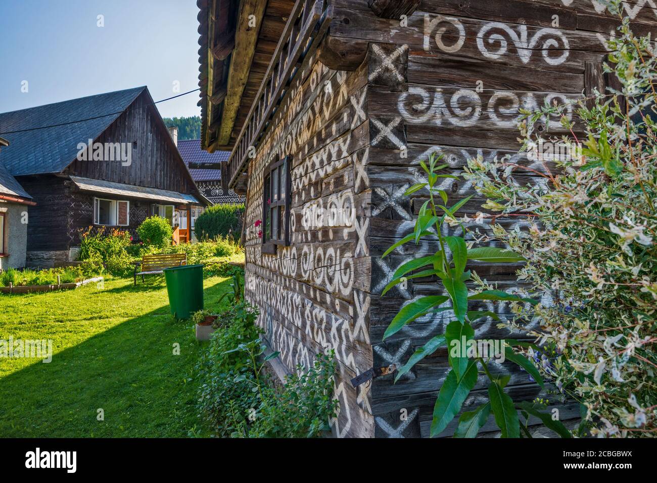 Decorated wooden house in village of Cicmany, Strážov Mountains, Zilina Region, Slovakia Stock Photo