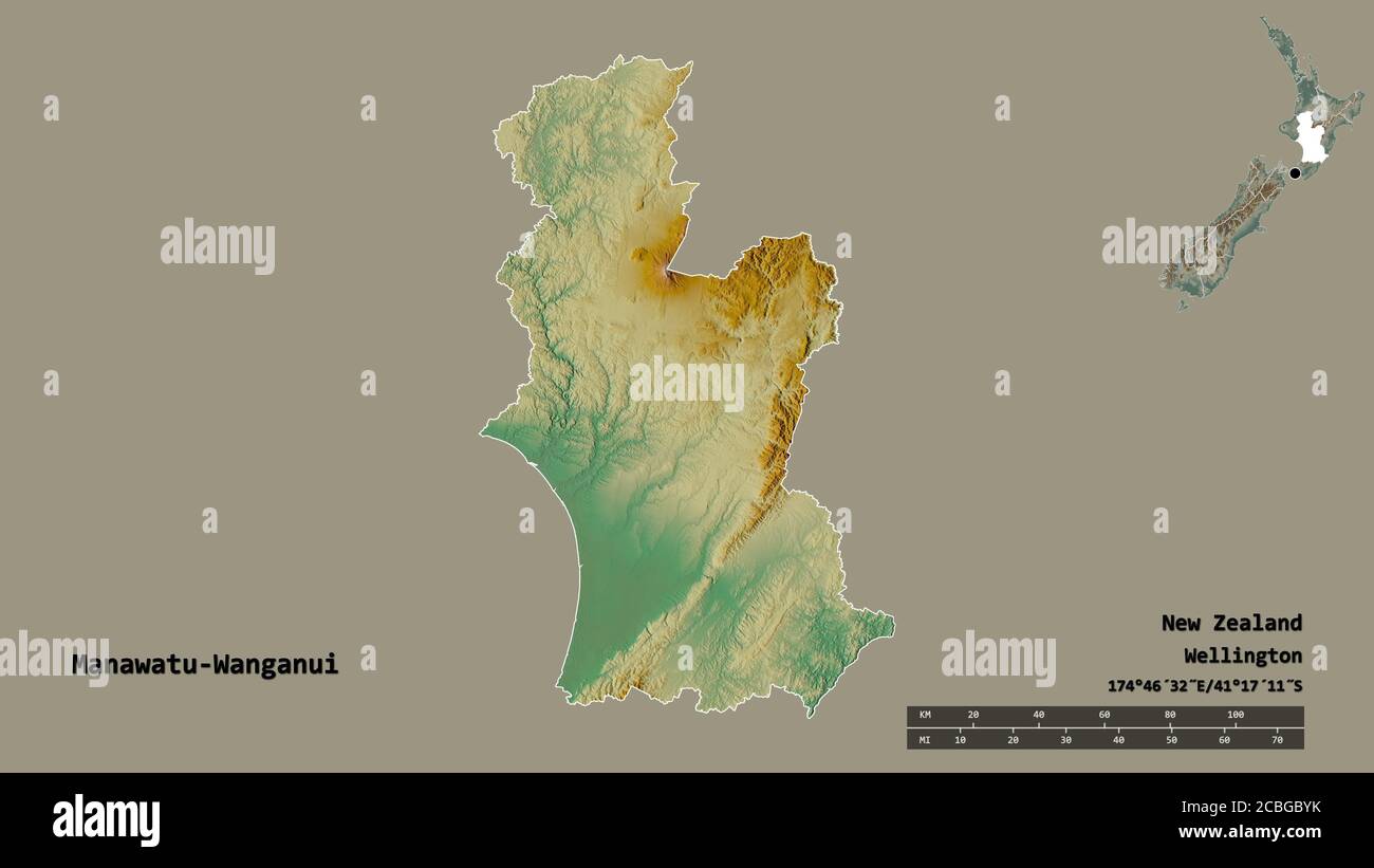 Shape of Manawatu-Wanganui, regional council of New Zealand, with its capital isolated on solid background. Distance scale, region preview and labels. Stock Photo