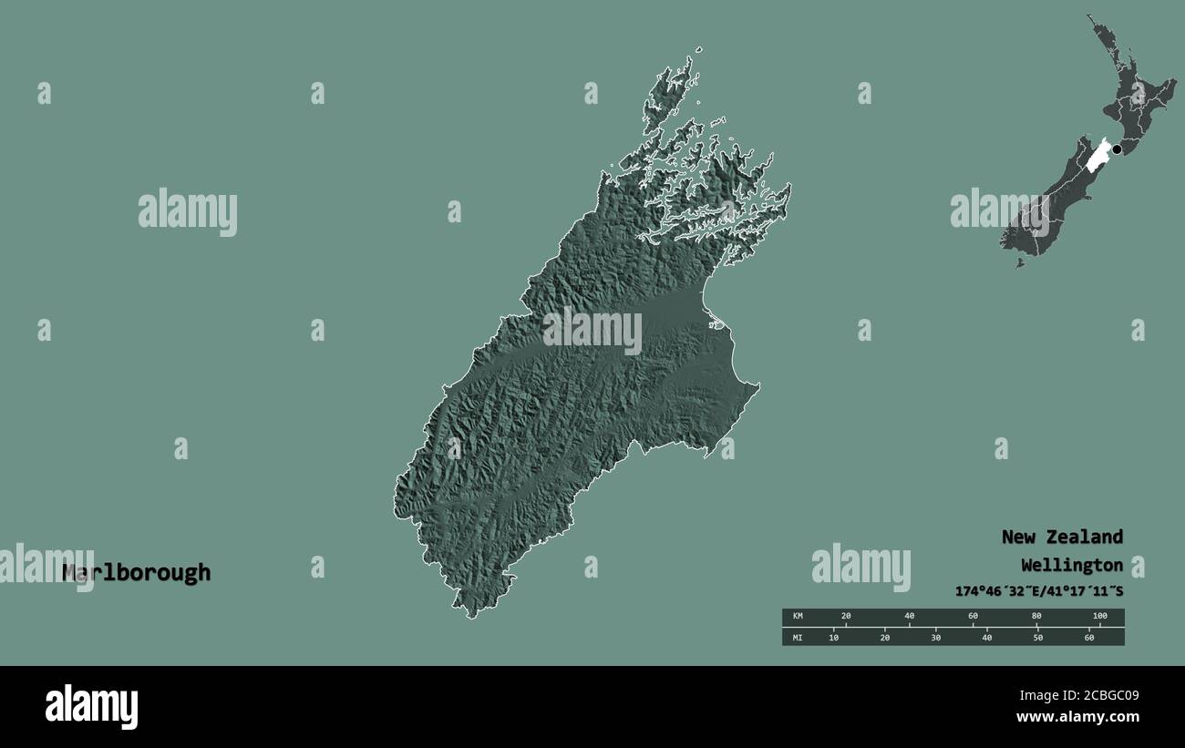 Shape of Marlborough, unitary authority of New Zealand, with its capital isolated on solid background. Distance scale, region preview and labels. Colo Stock Photo