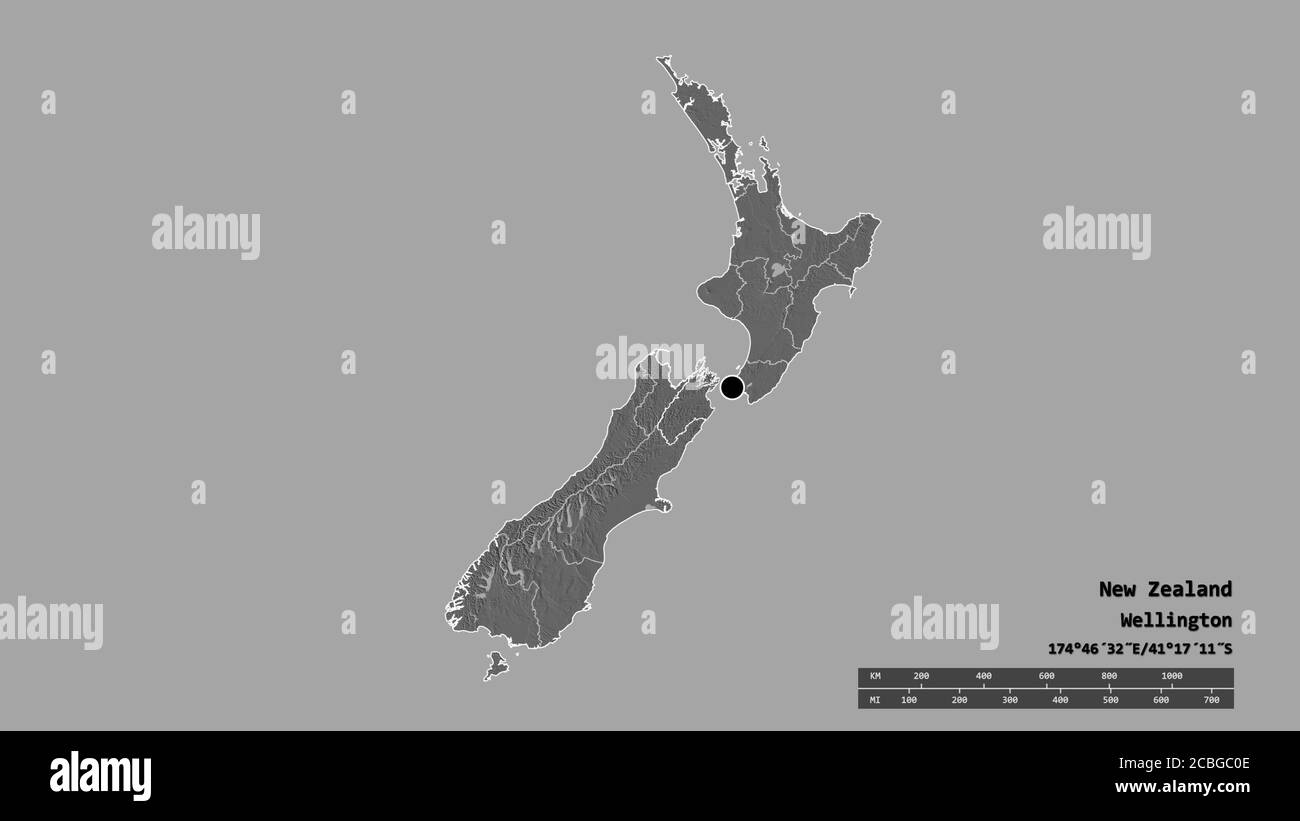 Desaturated shape of New Zealand with its capital, main regional division and the separated Marlborough area. Labels. Bilevel elevation map. 3D render Stock Photo